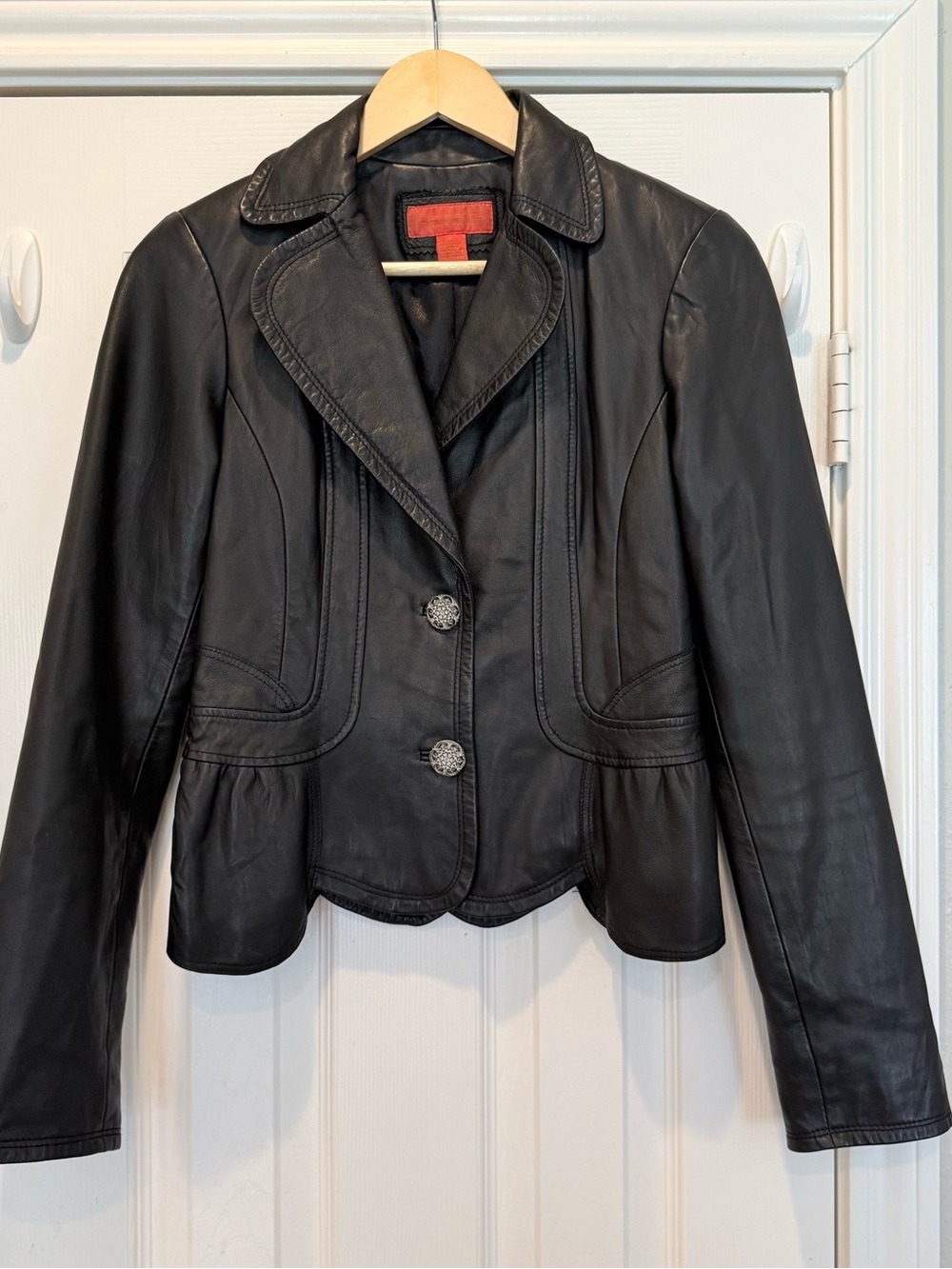 VTG Y2K 90s Leather Jacket Blazer Women’s Sz 4 Black Buttons Dark Feminine Biker